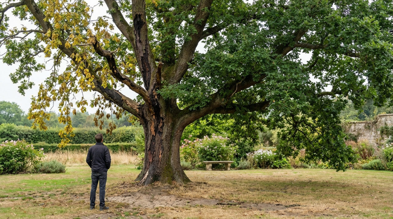 A person views a large tree in a garden; one side shows vibrant green leaves, the other wilting yellow foliage and distressed bark.