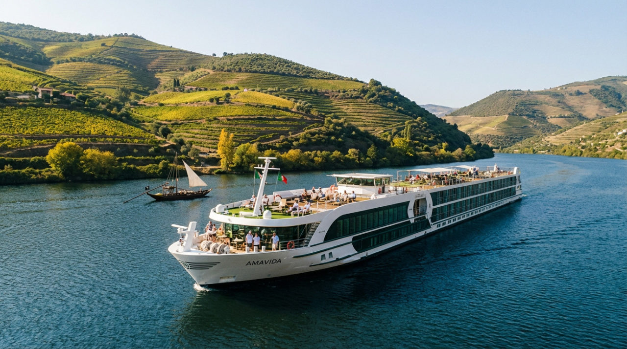 Elegant AmaVida cruise ship on Portugal's Douro River, surrounded by terraced vineyards and a Rabelo boat under a clear sky.