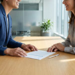 Two smiling professionals discussing a document at a sleek, light wood conference table in a modern, naturally lit office.