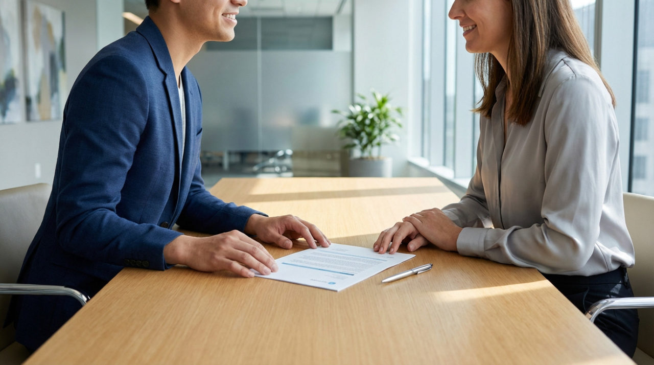 Two smiling professionals discussing a document at a sleek, light wood conference table in a modern, naturally lit office.