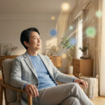 East Asian man, 60s, in gray jacket, blue sweater, smiles serenely, gazing at bright window. Glowing orbs symbolize retirement points.