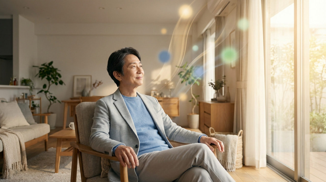 East Asian man, 60s, in gray jacket, blue sweater, smiles serenely, gazing at bright window. Glowing orbs symbolize retirement points.