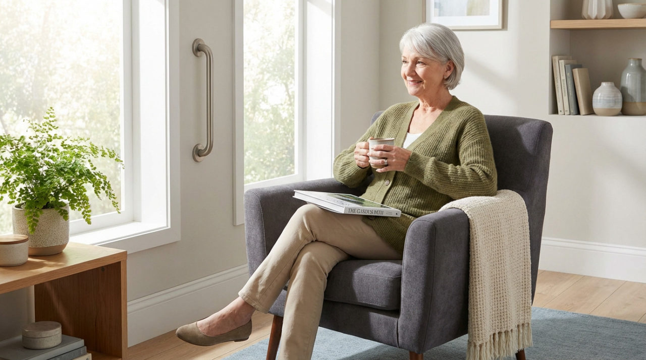 Smiling senior woman relaxing in a modern, sunlit living room armchair with tea, a book, and a safety grab bar by the window.