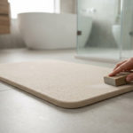 A hand gently sands a beige diatomite bath mat on a light grey bathroom floor, implying maintenance. Minimalist background.