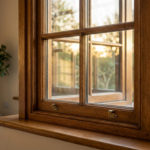 Close-up of a beautifully restored, warm-toned wooden window frame with new, clear double glazing, reflecting soft golden sunlight from a garden. Interior shows cozy plant and sofa.