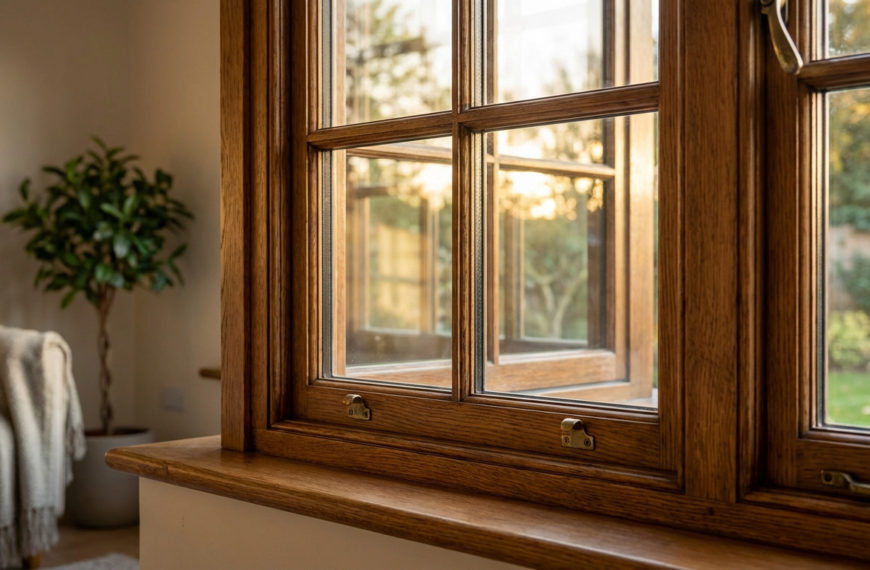 Close-up of a beautifully restored, warm-toned wooden window frame with new, clear double glazing, reflecting soft golden sunlight from a garden. Interior shows cozy plant and sofa.