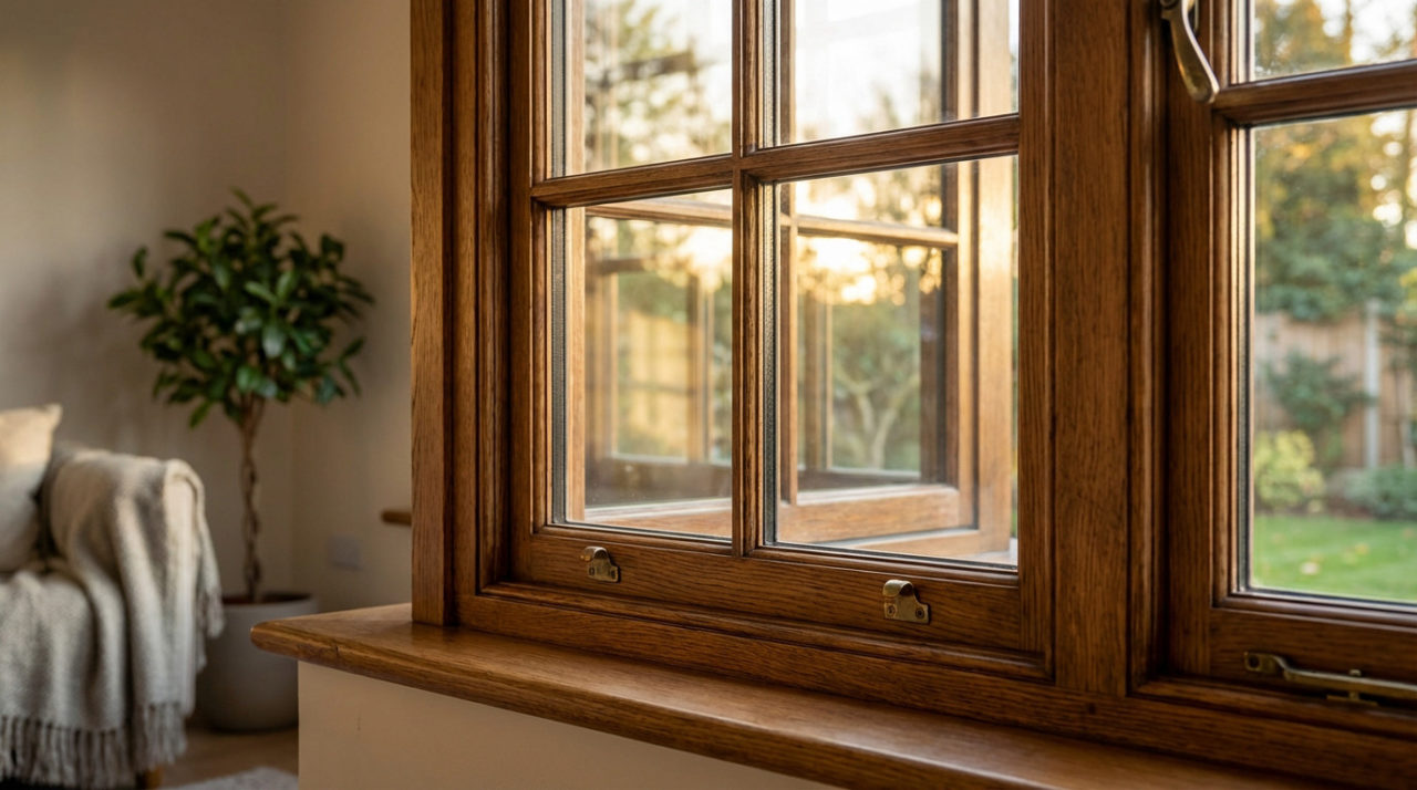 Close-up of a beautifully restored, warm-toned wooden window frame with new, clear double glazing, reflecting soft golden sunlight from a garden. Interior shows cozy plant and sofa.