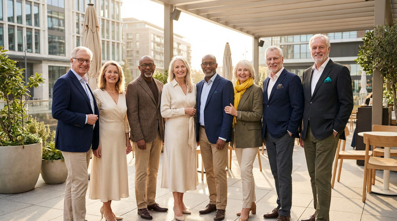 Seven diverse senior professionals, elegantly dressed, pose confidently on a sunlit urban terrace, exuding warmth and professionalism.