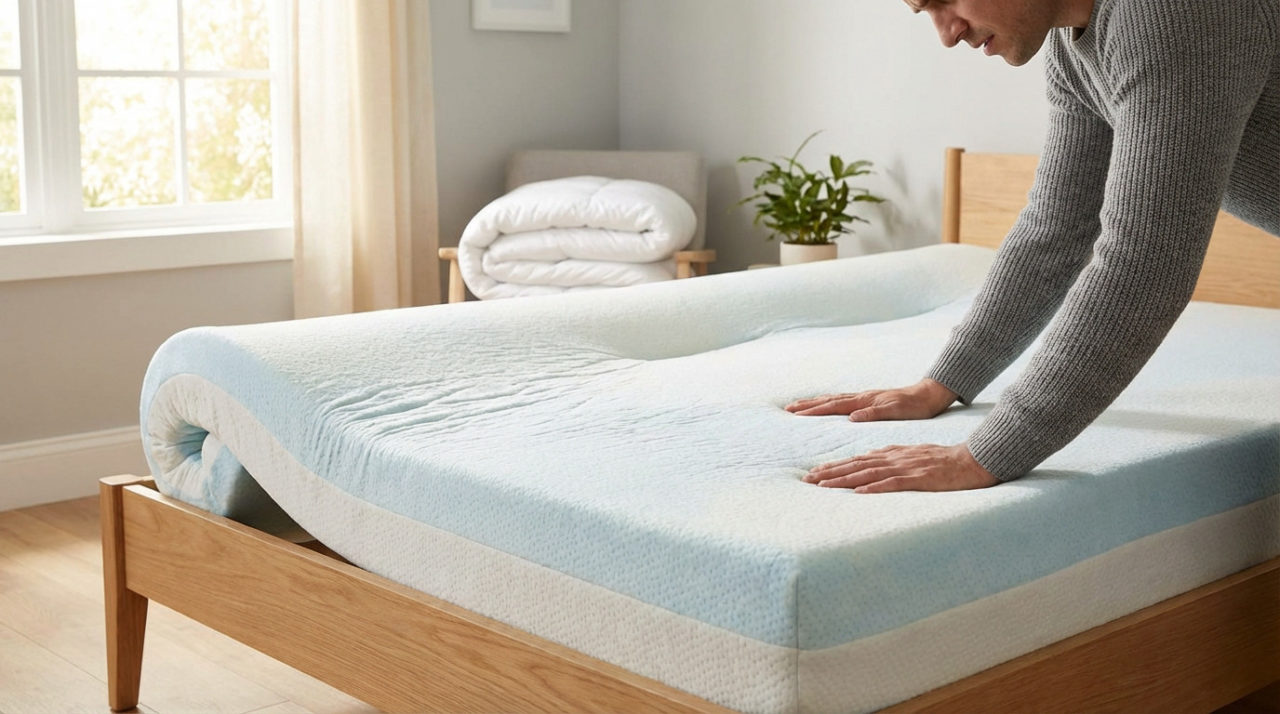 Hands press a partially unrolled, stubbornly flat foam mattress on a bed frame in a bright bedroom, hinting at expansion struggles.