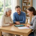 Three smiling individuals, an older woman, a man, and a young advisor, discuss financial matters using a tablet in a bright, modern room.