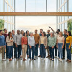 Diverse group in a bright, modern office with large windows, smiling and looking forward, embodying community and innovation.