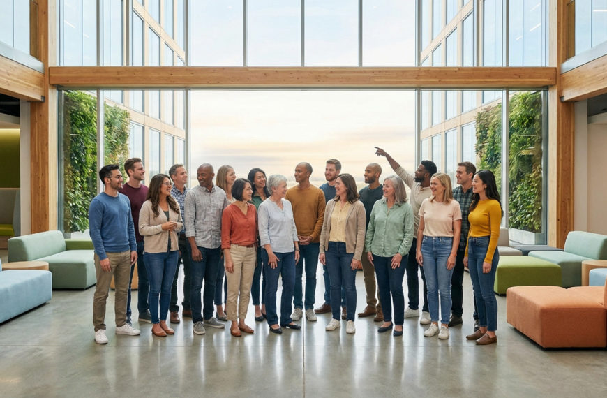 Diverse group in a bright, modern office with large windows, smiling and looking forward, embodying community and innovation.