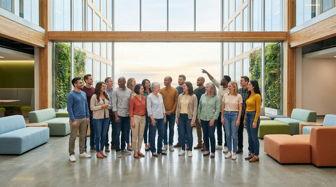 Diverse group in a bright, modern office with large windows, smiling and looking forward, embodying community and innovation.