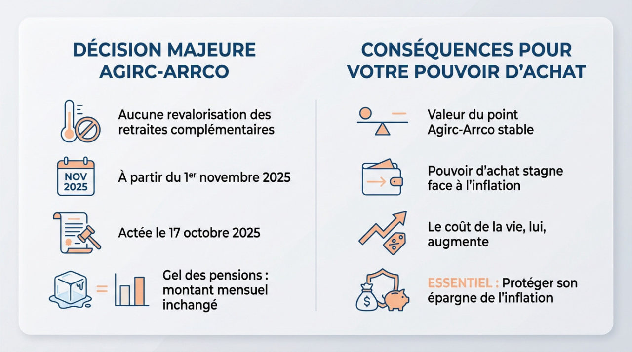 Graphique illustrant le gel des retraites Agirc-Arrco et son impact sur le pouvoir d'achat
