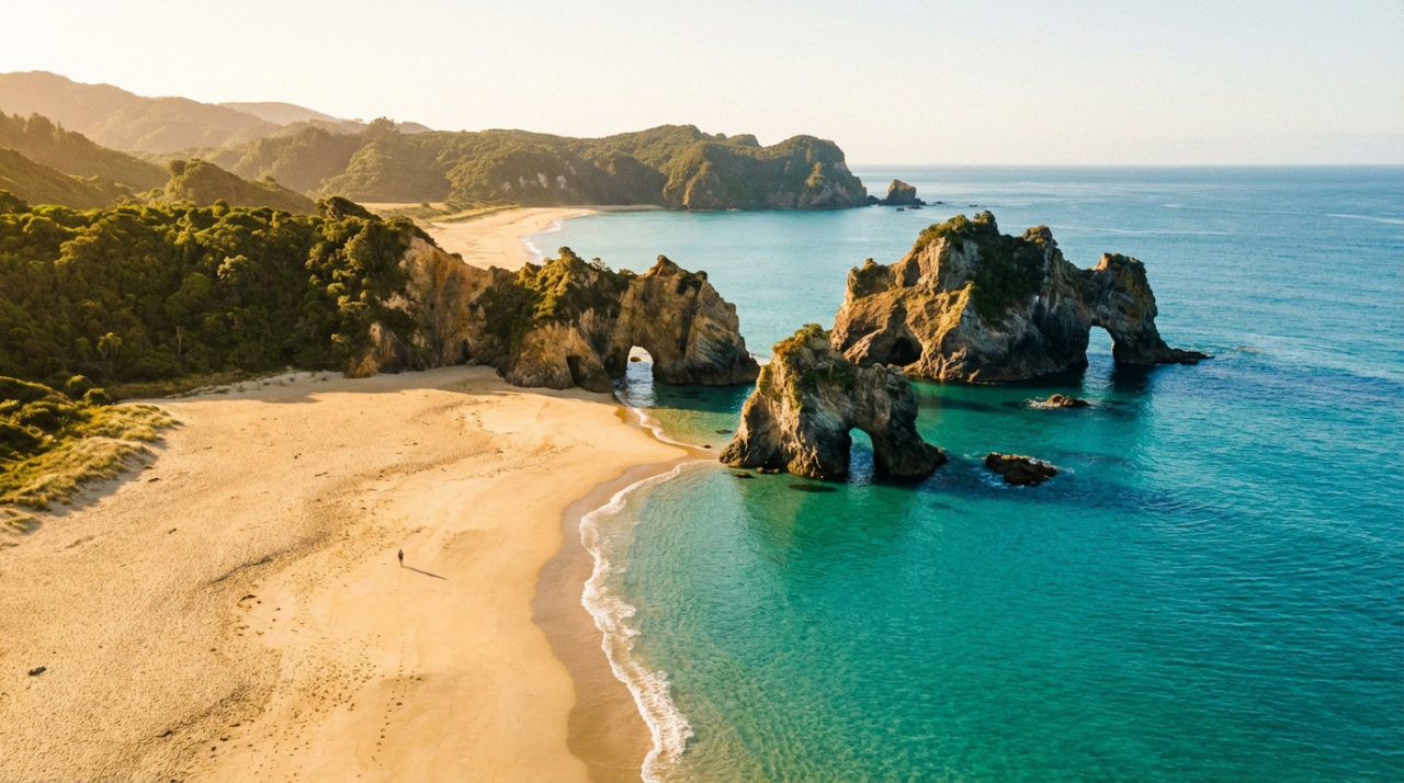 Aerial view of Golden Bay, New Zealand, featuring golden sand, turquoise water, dramatic rock arches, and lush green hills under a warm glow. A person walks on the beach.