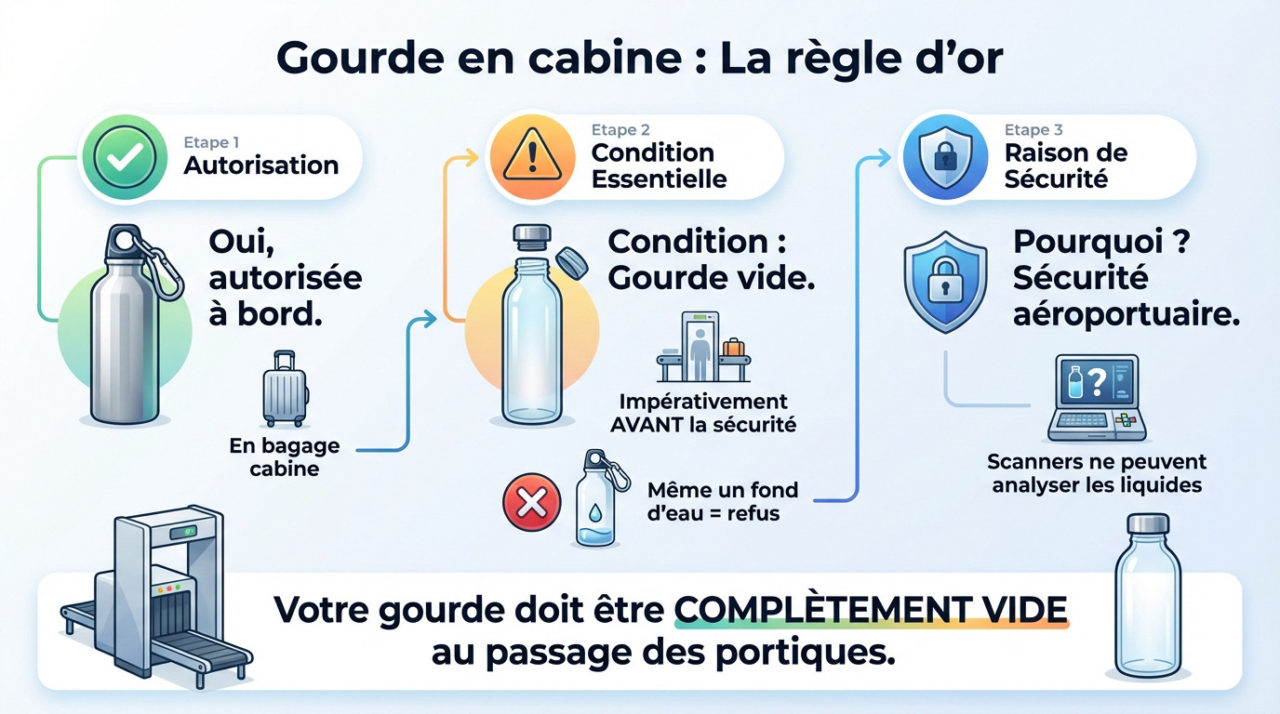Passager tenant une gourde vide en inox avant l'embarquement en avion