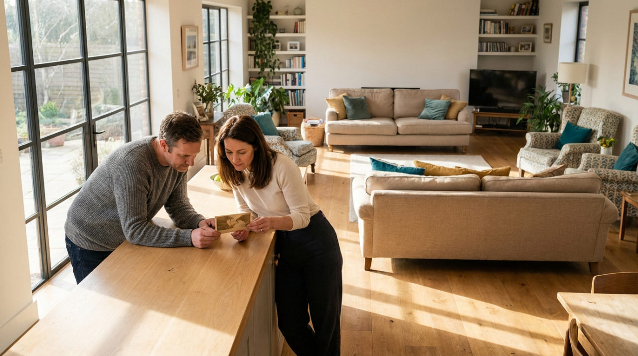 Un Homme Et Une Femme Se Tiennent à Un Comptoir De Cuisine Et Regardent Une Carte Dans Un Salon Spacieux Et Ensoleillé Avec De Grandes Fenêtres, Des Canapés Et Des Plantes D'intérieur.