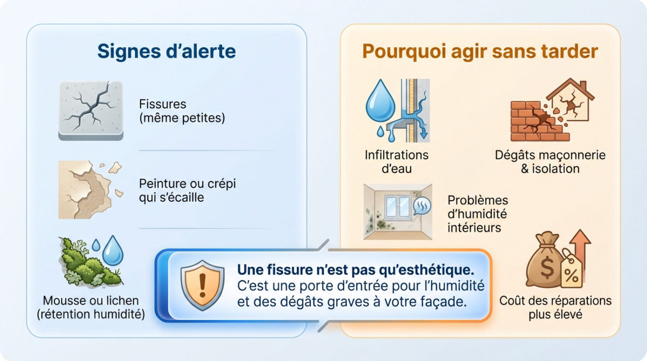Infographie détaillant les signes d'alerte d'un appui de fenêtre endommagé et les risques d'infiltration