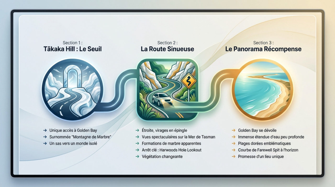 Carte illustrée de la route sinueuse traversant Tākaka Hill vers Golden Bay avec points de vue panoramiques
