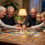 Deux Couples âgés Et Deux Jeunes Enfants Sont Assis Autour D'une Table En Bois Et Jouent à Un Jeu De Société Coloré Dans Un Salon Confortable Et Chaleureusement éclairé.