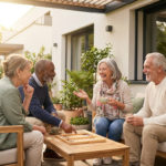 Four diverse seniors laugh while playing a board game on a sunny outdoor patio with lush plants, conveying warmth and companionship.