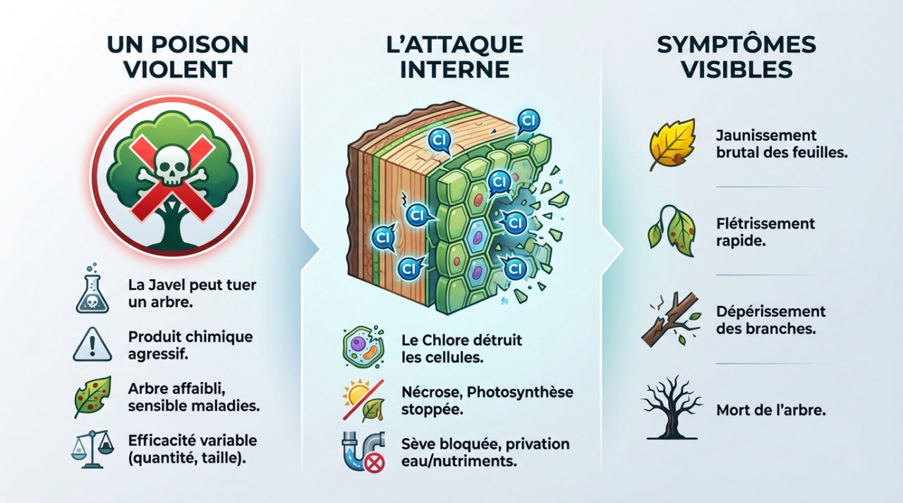 Arbre dépérissant suite à l'application d'eau de javel sur ses racines