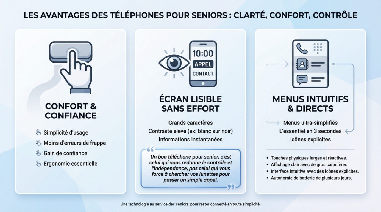 Personne âgée utilisant confortablement un téléphone portable à grosses touches et écran lisible