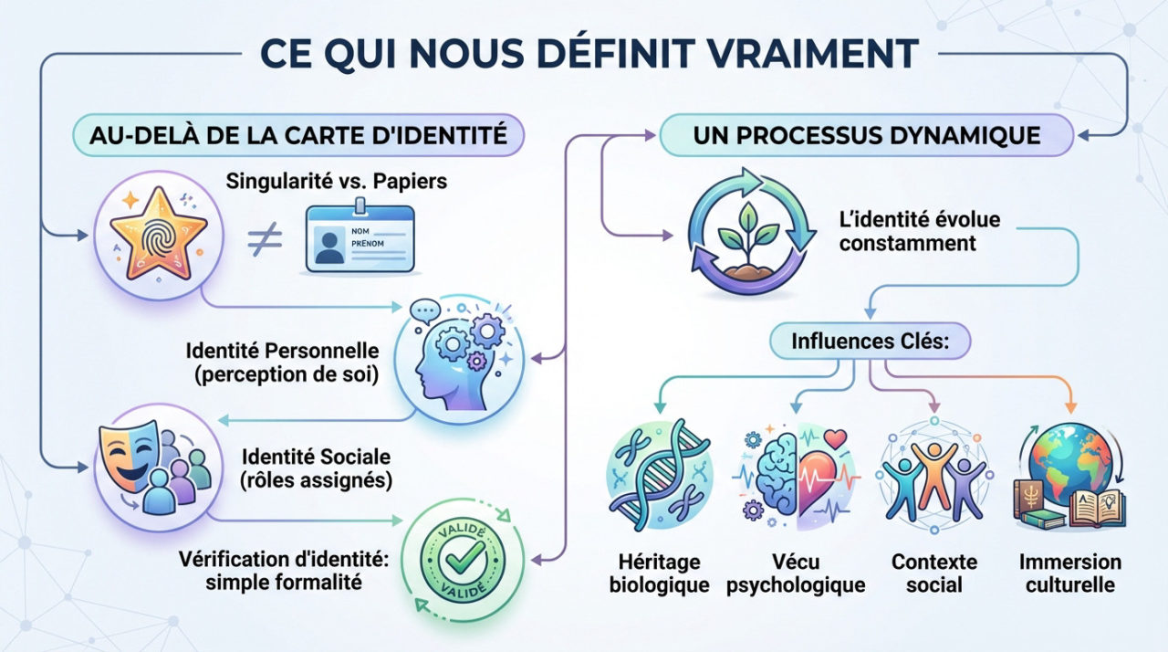 Illustration de l'identité humaine comme un processus dynamique au-delà des documents administratifs