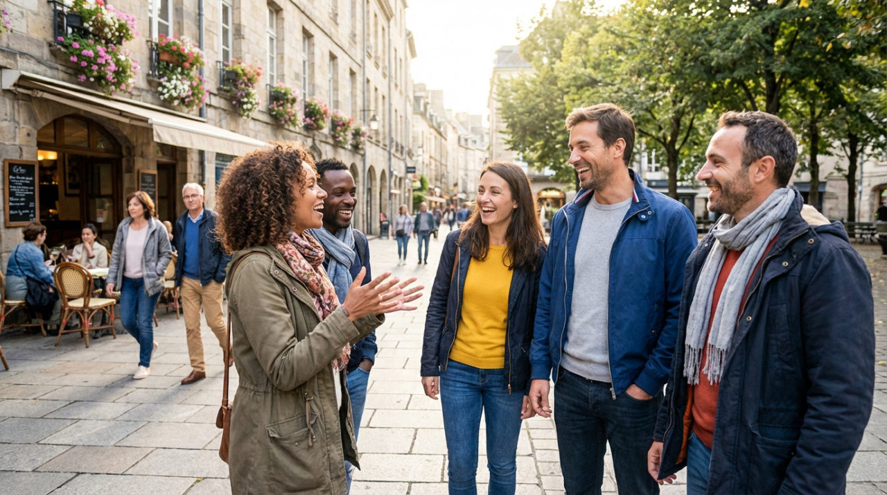 A diverse group of five friends laughing and conversing on a sunny European pedestrian street with charming buildings and greenery.