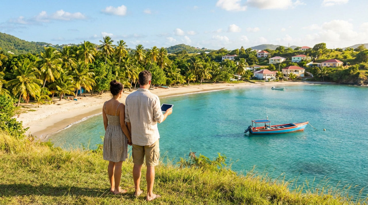 A couple stands on a grassy viewpoint overlooking a turquoise Martinique bay with a white sand beach, palm trees, a fishing boat, and colorful houses.
