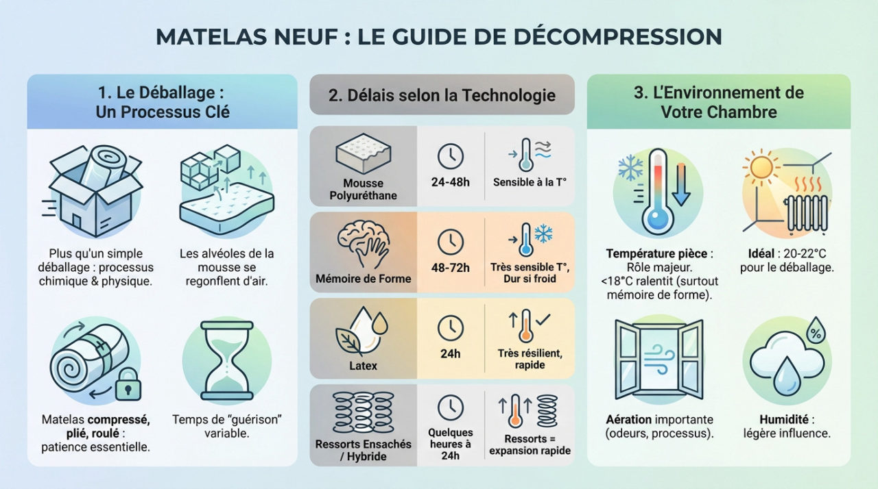 Matelas compressé roulé en cours de décompression sur un sommier