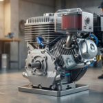 High-res image of a modern single-cylinder utility engine with cooling fins, clear air filter, metallic parts, blue accents in a workshop. Blurred technician observes.