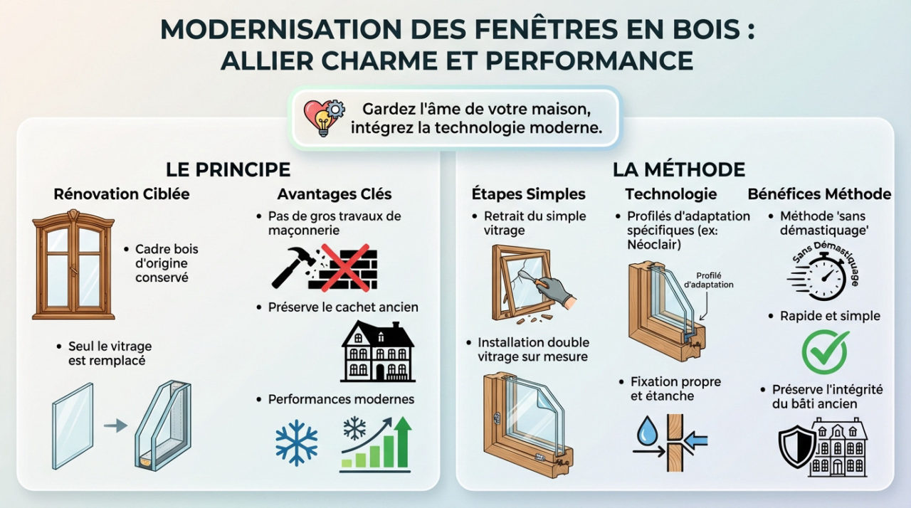 Rénovation fenêtre bois avec double vitrage isolant sans changer le cadre