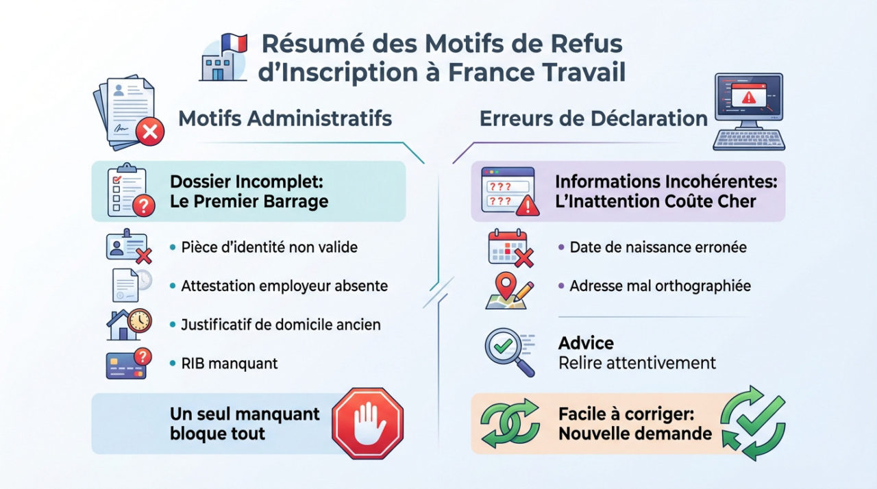 Motifs administratifs et erreurs courantes menant au refus d'inscription France Travail