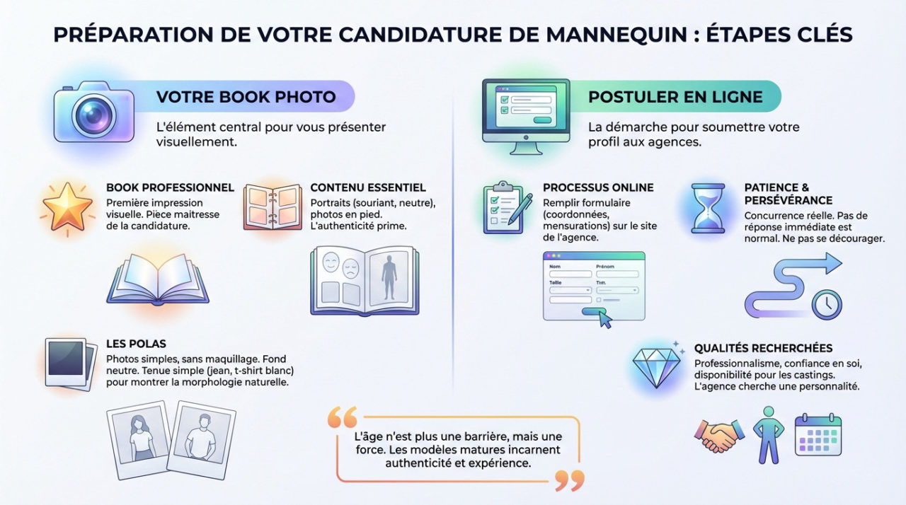Femme senior préparant son book photo et sa candidature en ligne pour une agence