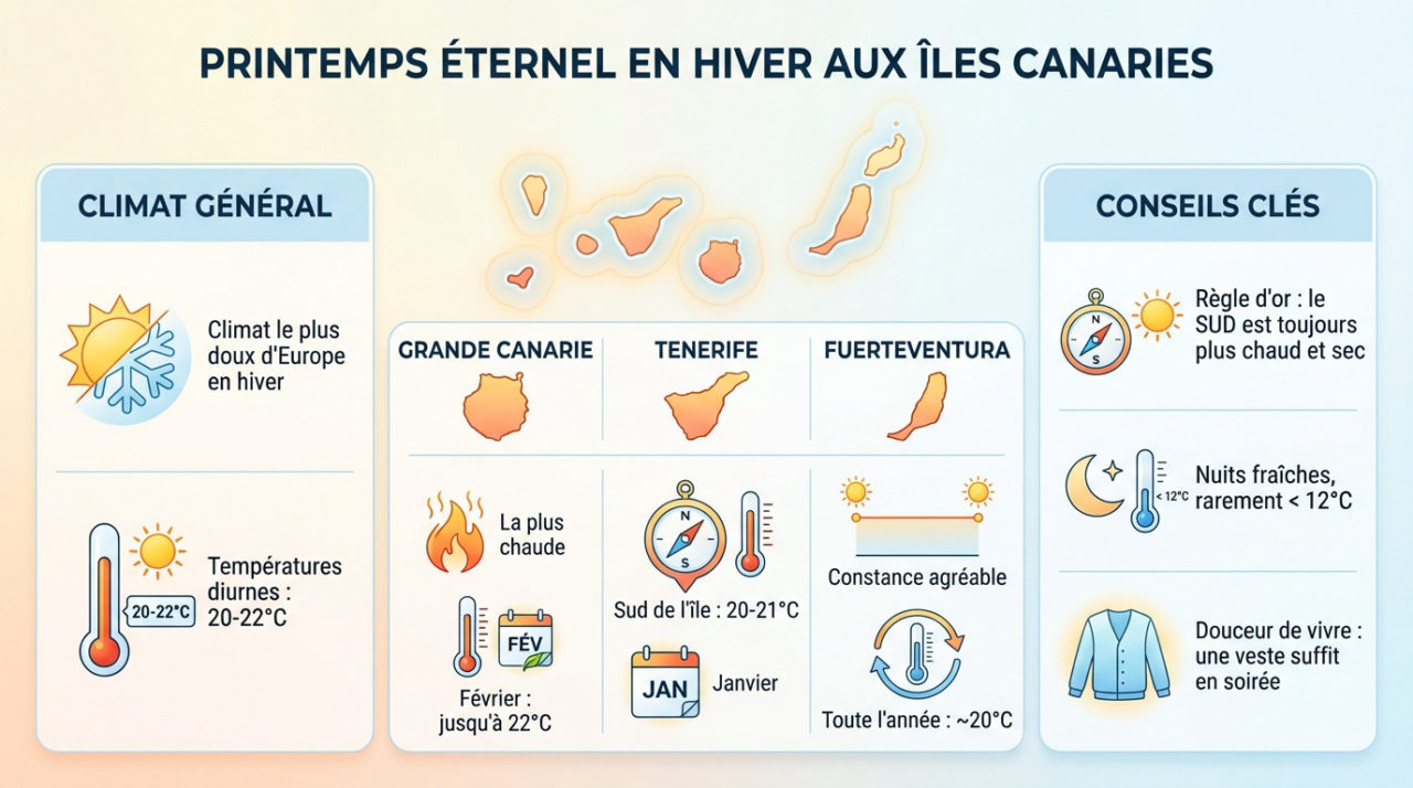 Paysage ensoleillé des îles Canaries en hiver illustrant le climat doux