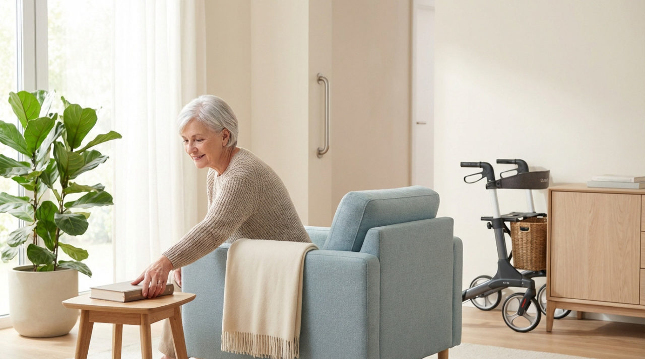 Smiling senior woman in a sunlit living room reaching for a book. A modern rollator and grab bar are subtly integrated.
