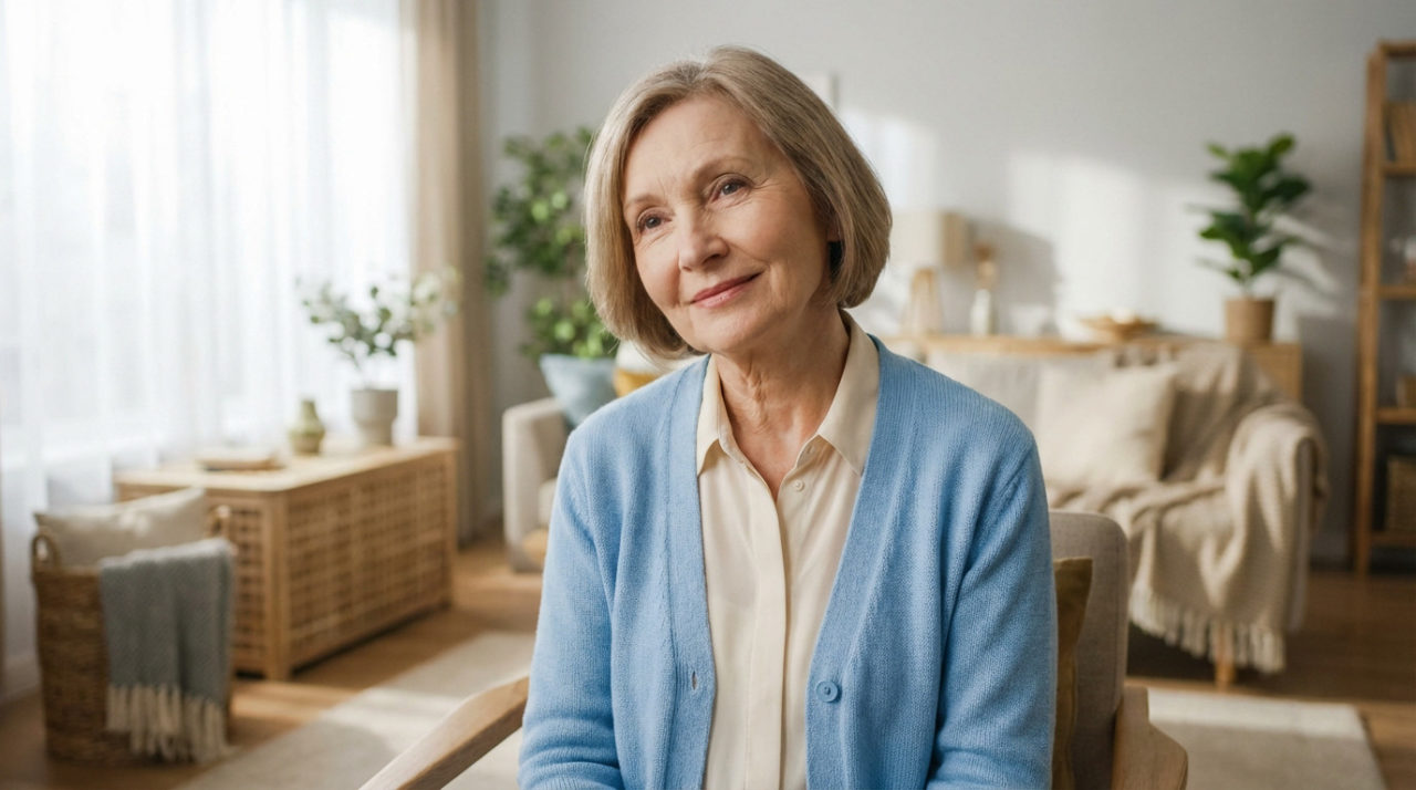 Une Femme âgée Aux Cheveux Gris Courts Portant Un Cardigan Bleu Clair Est Assise Et Sourit Dans Un Salon Lumineux Avec Des Plantes Et Un Décor Neutre.