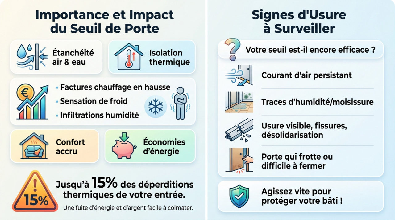 Seuil de porte usé laissant passer l'air et l'humidité, illustrant le besoin de rénovation