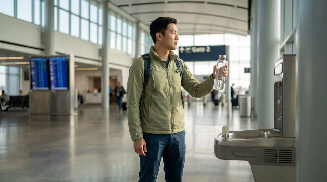 Traveler holds an empty reusable water bottle at a bright airport water refill station, ready for departure.