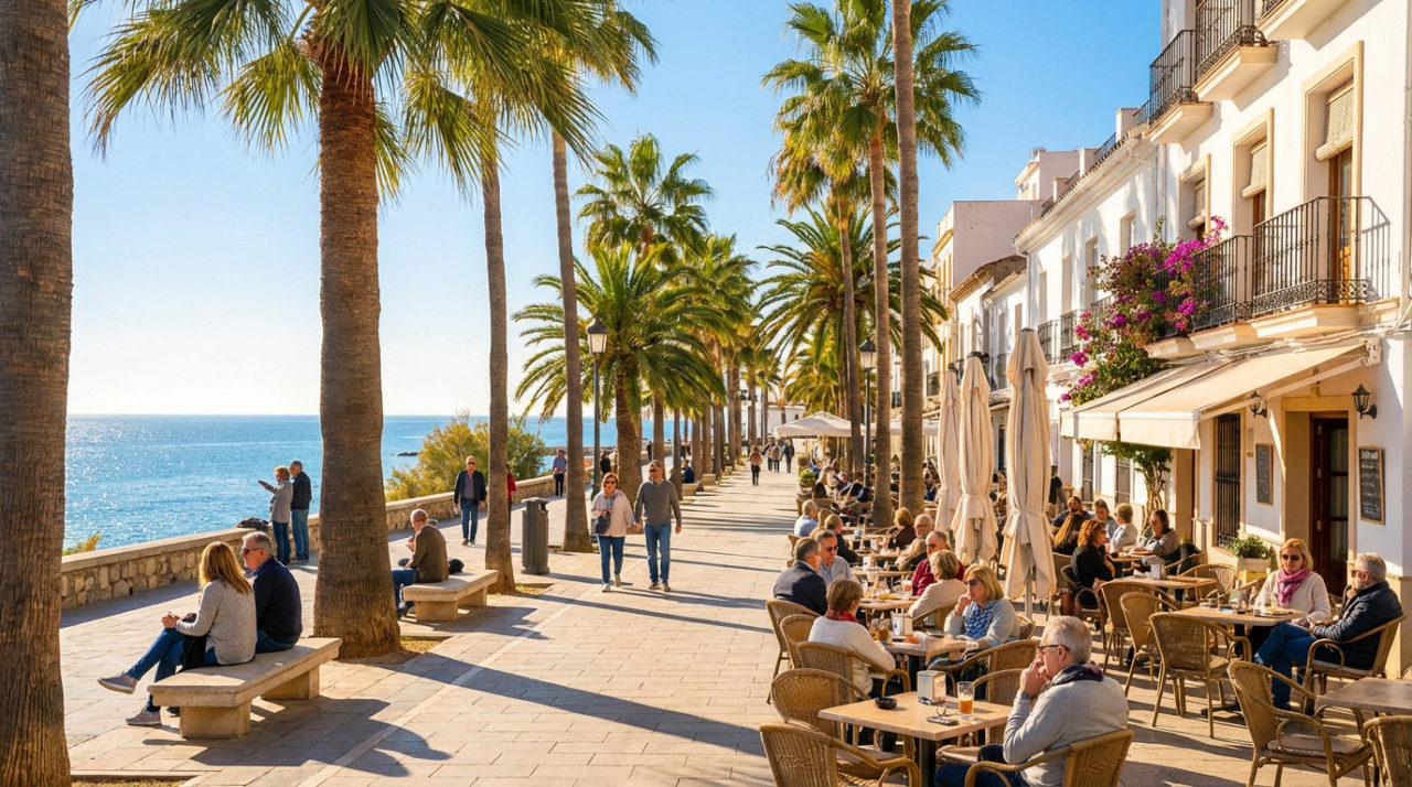 A vibrant, sun-drenched Spanish coastal promenade lined with palm trees and cafes, with people strolling and dining, overlooking the sparkling blue sea.