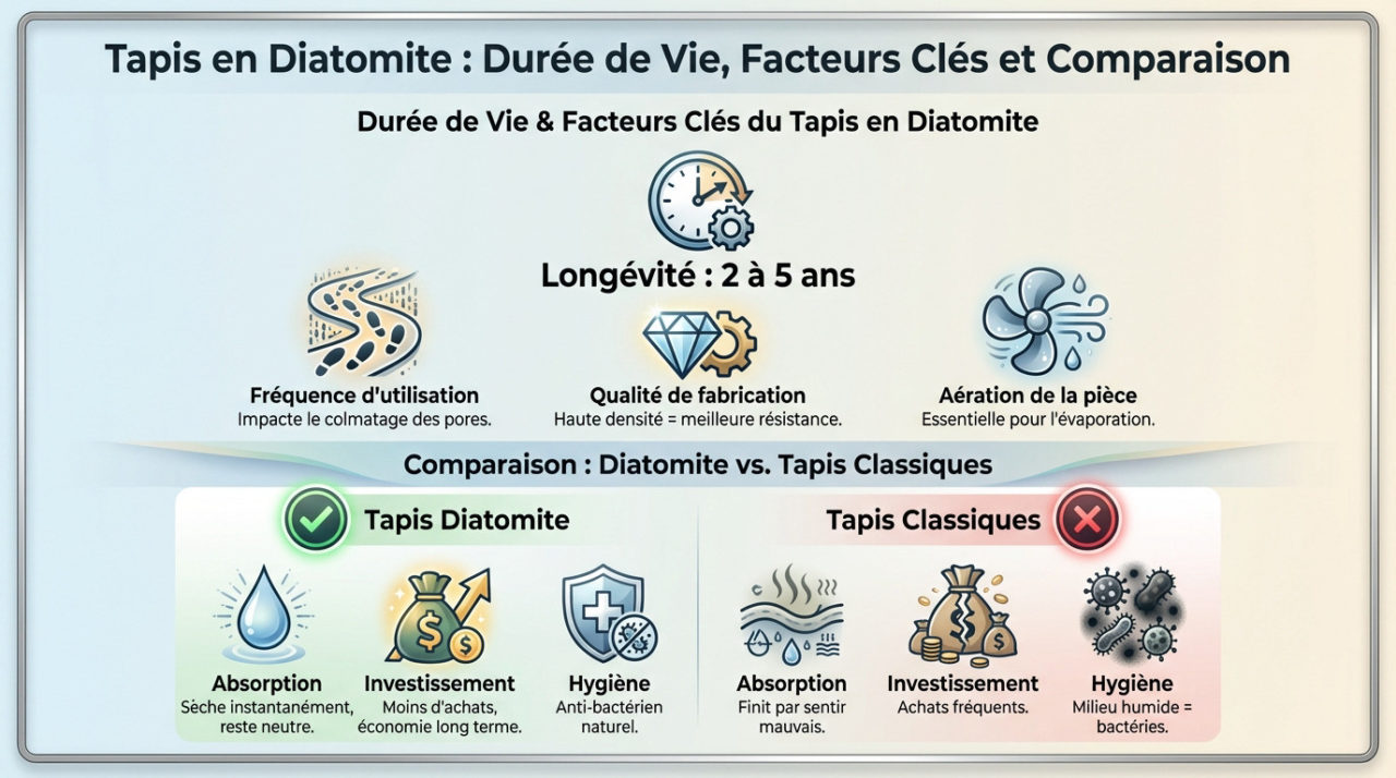 Comparaison de la durée de vie d'un tapis en diatomite face aux tapis classiques