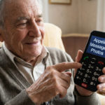Un homme âgé utilise un téléphone simplifié pour seniors avec de grands boutons et un écran clair affichant "Appeler", "Messages", dans un intérieur lumineux.