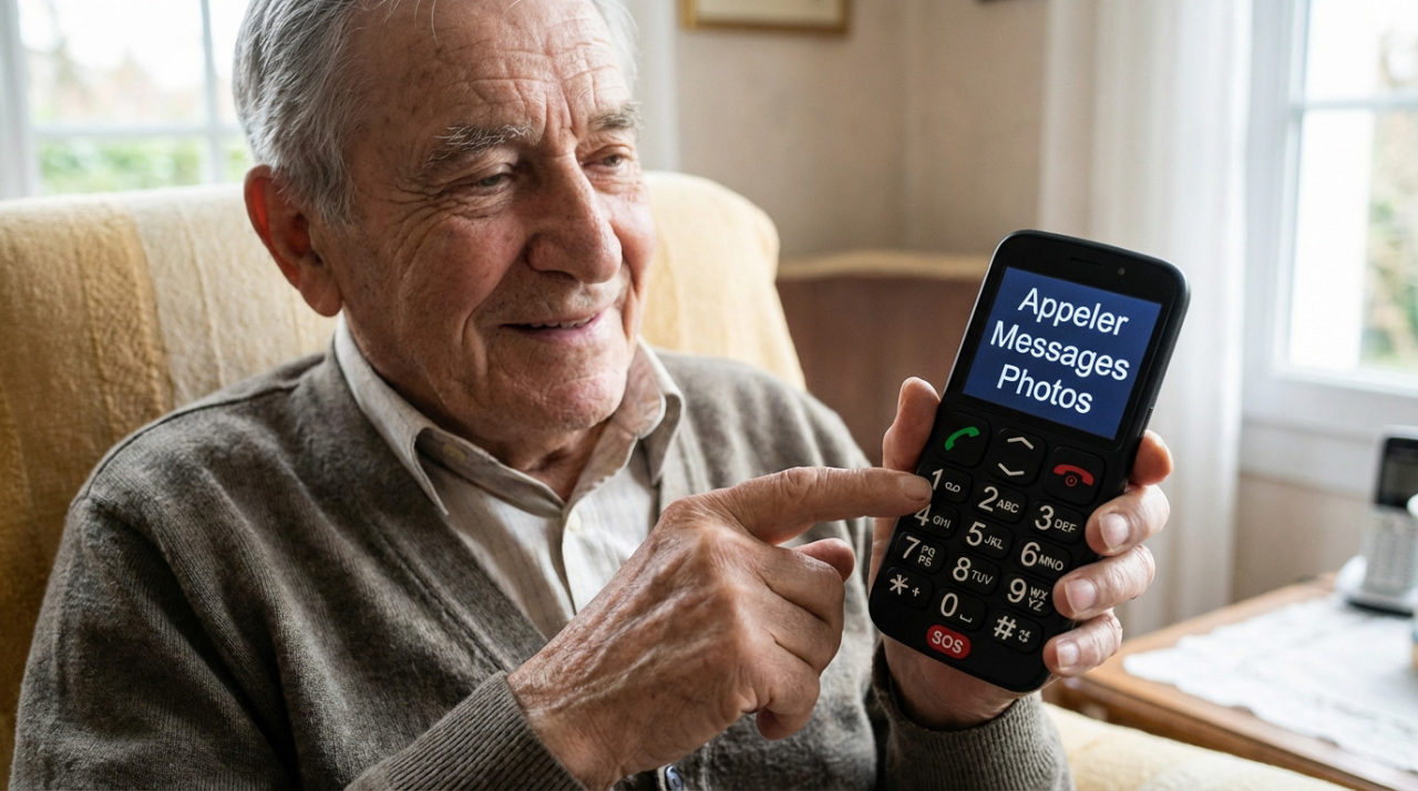 Un homme âgé utilise un téléphone simplifié pour seniors avec de grands boutons et un écran clair affichant "Appeler", "Messages", dans un intérieur lumineux.