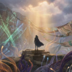 A lone figure stands on a rock, gazing into a sky lit by golden rays. Around them, glowing organic forms, flowing fabrics, and geometric light patterns symbolize human identity.