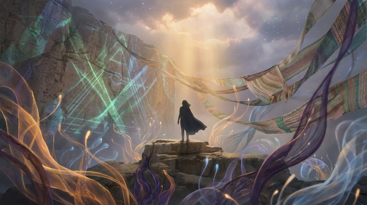 A lone figure stands on a rock, gazing into a sky lit by golden rays. Around them, glowing organic forms, flowing fabrics, and geometric light patterns symbolize human identity.