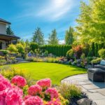 L'arrière Cour Aménagée Comprend Une Pelouse Verte, Des Parterres De Fleurs Colorés, Des Meubles De Terrasse En Osier Et Des Arbres Sous Un Ciel D'un Bleu éclatant.