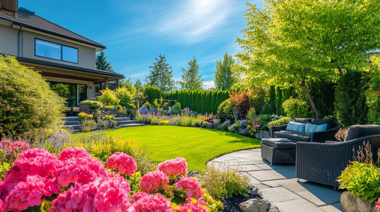 L'arrière Cour Aménagée Comprend Une Pelouse Verte, Des Parterres De Fleurs Colorés, Des Meubles De Terrasse En Osier Et Des Arbres Sous Un Ciel D'un Bleu éclatant.