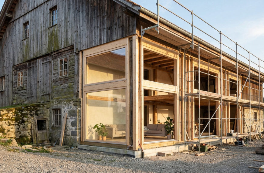A rustic barn undergoing renovation, with weathered wood contrasting new timber frames, large windows, and modern interior glimpses, scaffolding visible.