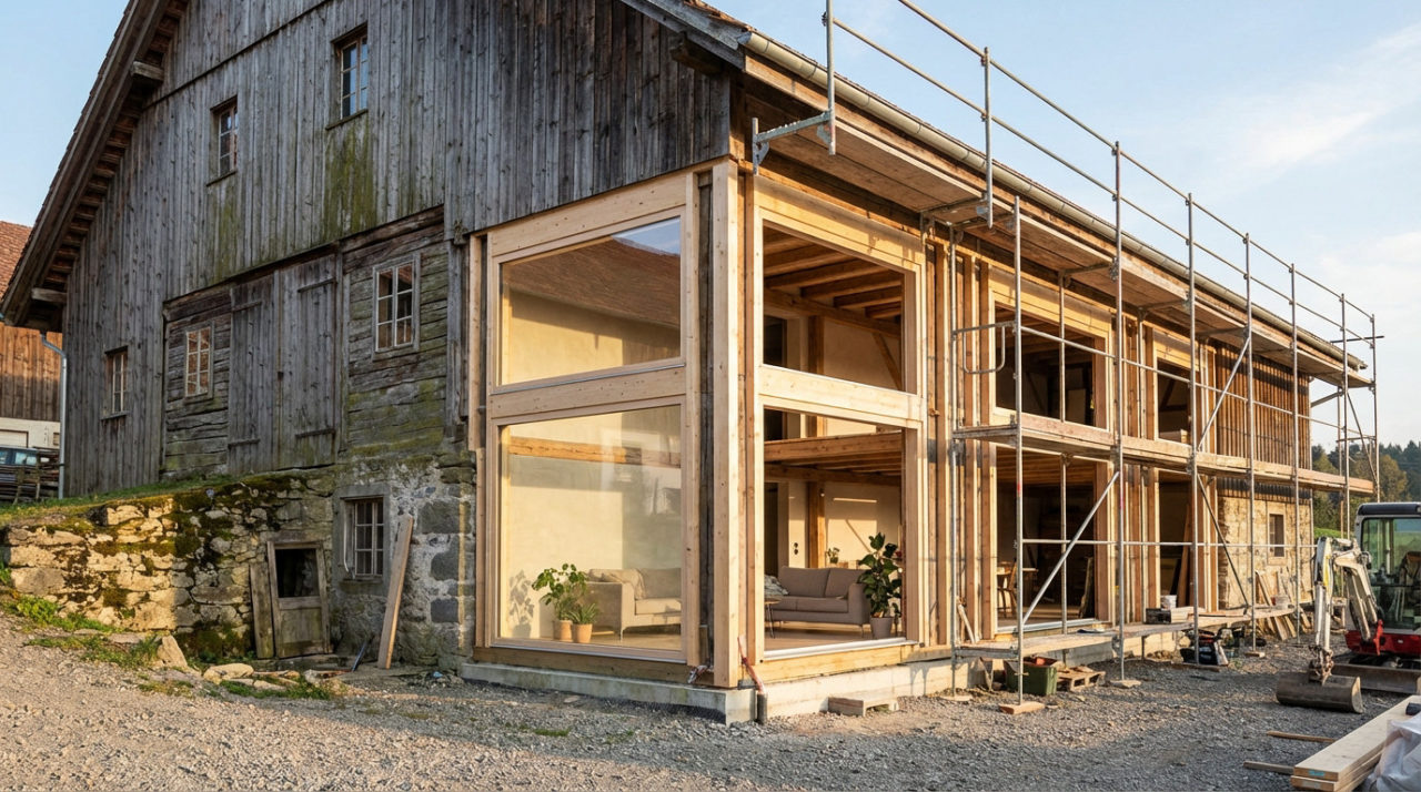 A rustic barn undergoing renovation, with weathered wood contrasting new timber frames, large windows, and modern interior glimpses, scaffolding visible.